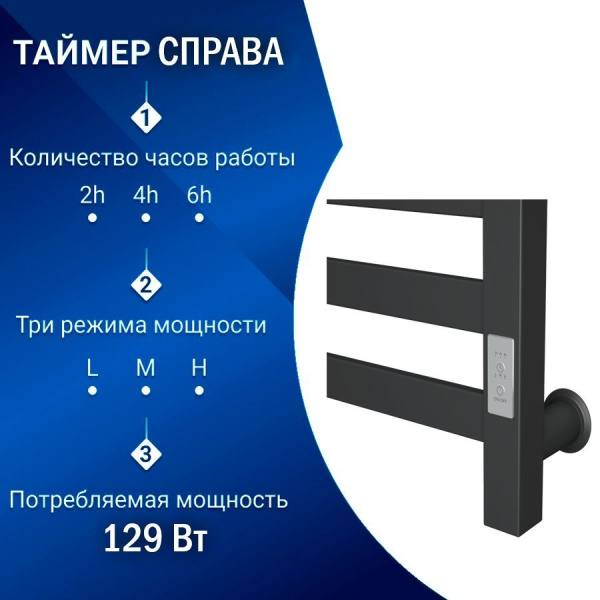 Полотенцесушитель электрический профильный Маргроид BAU В81/10 40х80, 2 вставки 4х4 размер 30*10, черный матовый с таймером, универсальное подключение