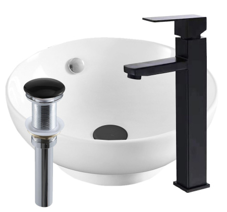 Раковина накладная со смесителем и выпуском (круглая BAU Dream D41, белая + смеситель Hotel Black, черный, выпуск клик-клак черный)