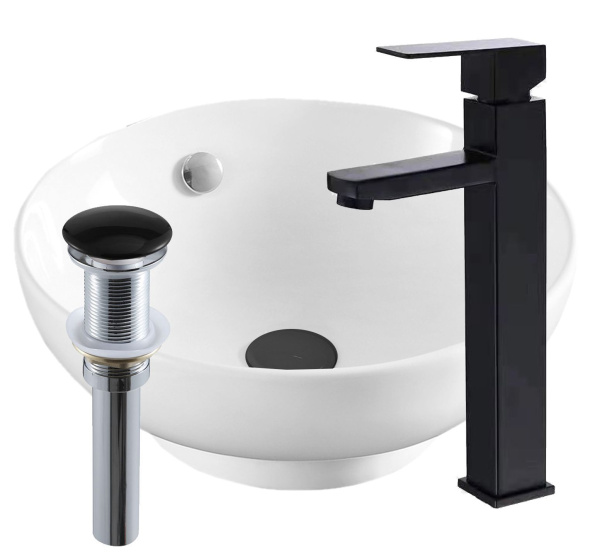 Раковина накладная со смесителем и выпуском (круглая BAU Dream D41, белая + смеситель Hotel Black, черный, выпуск клик-клак черный)