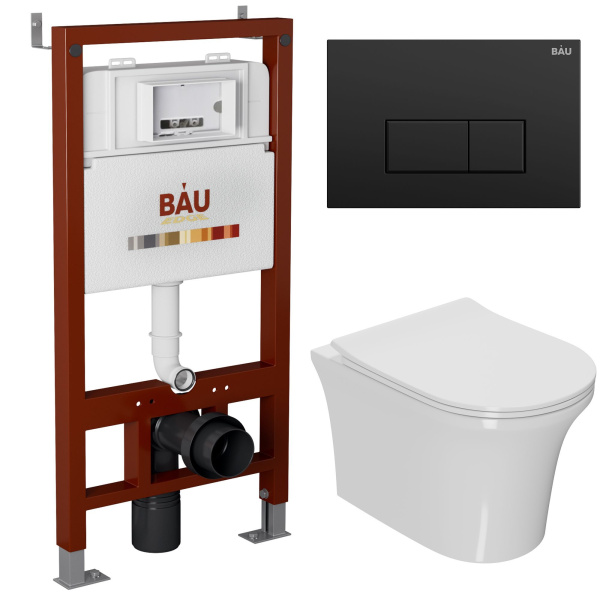 Комплект BAU 6 в 1: инсталляция BAU PRO, унитаз подвесной безободковый Bau Spectrum PRO, сиденье быстросъемное микролифт, клавиша BAU Hotel, черный матовый