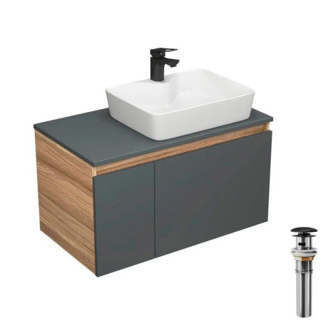 Комплект для ванной, 4 предмета (тумба Bau Dream 80 графит + раковина BAU 48х37, с отв. под смеситель + смеситель Cerama Black, выпуск клик-клак, черный)