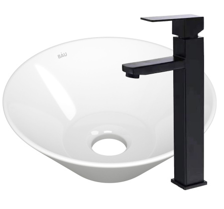 Раковина накладная со смесителем (чаша круглая BAU Dream D43, белая + смеситель высокий Hotel Black, черный)