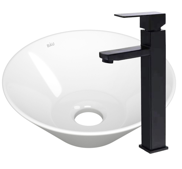 Раковина накладная со смесителем (чаша круглая BAU Dream D43, белая + смеситель высокий Hotel Black, черный)