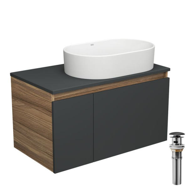 Тумба с раковиной и выпуском (тумба Bau Dream 80, графит + раковина санфаянс накладная овальная BAU Nimb 56х36, выпуск клик-клак, черный)