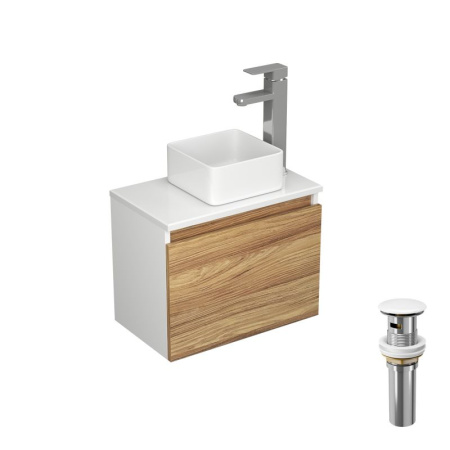 Комплект для ванной, 4 предмета (Тумба Bau Dream Blackwood 50, раковина BAU Mini 24х24, смеситель для раковины Potato Hotel, выпуск клик клак, белый)