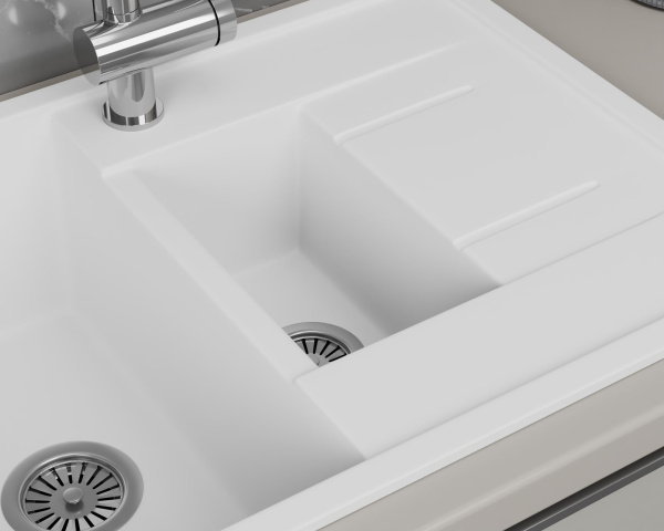 Мойка для кухни оборачиваемая полуторная чаша с крылом BAU Stil White snow 77х50, выпуск с сифоном в комплекте, белый снег