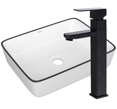 Раковина накладная со смесителем (прямоугольная BAU Hotel 48х37, белая, черный кант + смеситель высокий Hotel Black, черный)