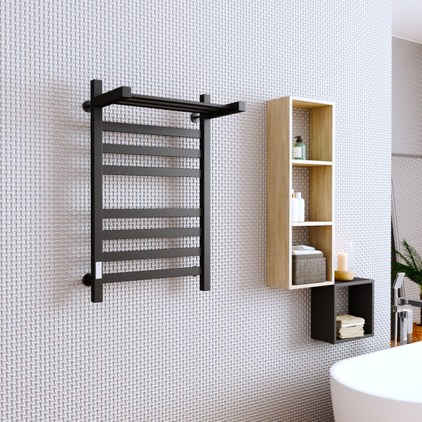 Полотенцесушитель электрический профильный с полкой Маргроид BAU В81/10 50х80, 2 вставки 4х4, черный матовый RAL 9005 с таймером слева
