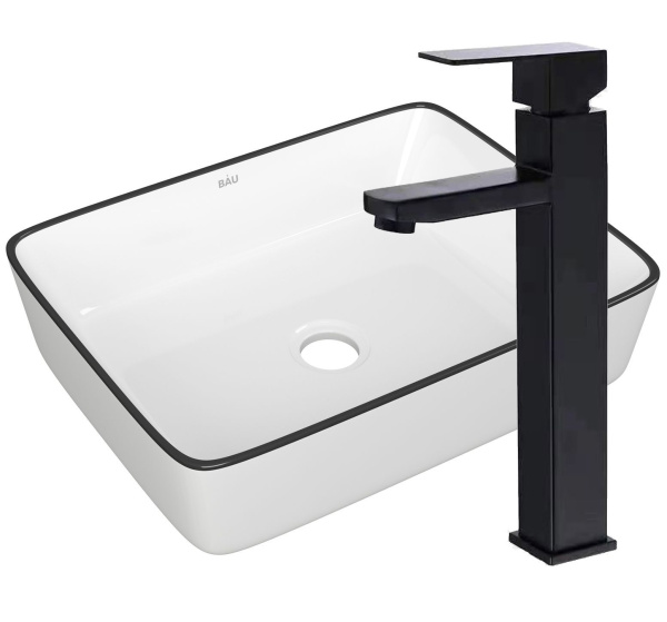 Раковина накладная со смесителем (прямоугольная BAU Hotel 48х37, белая, черный кант + смеситель высокий Hotel Black, черный)