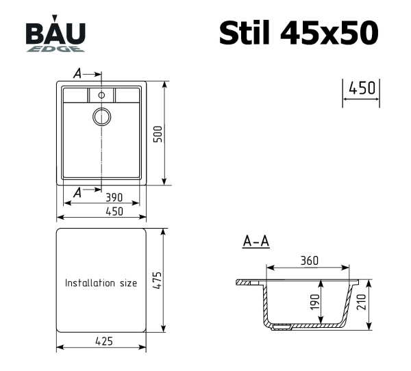 Мойка для кухни BAU Stil Black coal 45х50, выпуск с сифоном в комплекте, черный уголь