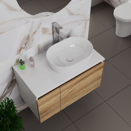 Комплект для ванной, 4 предмета (Тумба подвесная Bau Blackwood 80 + Раковина BAU 48х34 + Смеситель высокий Hotel Still, нерж. сталь, выпуск белый)