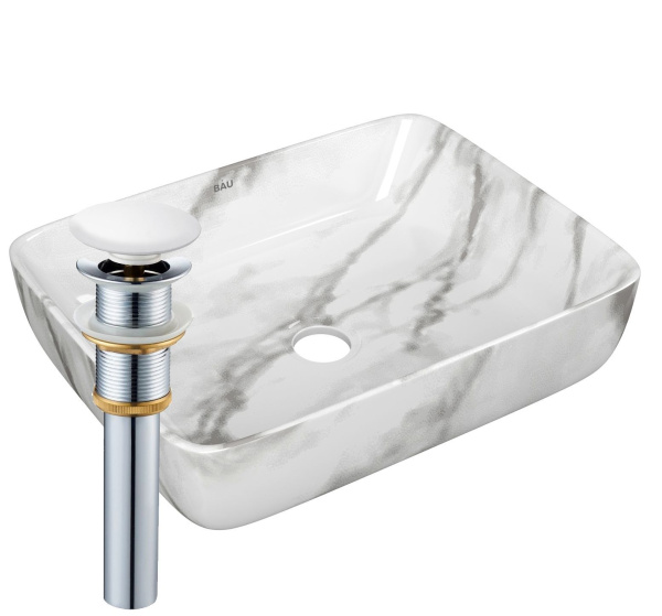 Раковина накладная прямоугольная BAU Hotel 48х37, мрамор + выпуск клик-клак, белый