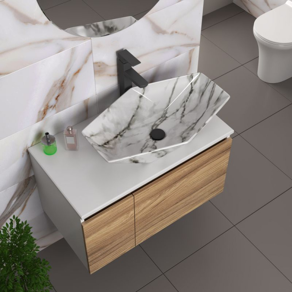 Комплект для ванной, 4 предмета (Тумба подвесная Bau Blackwood 80 + Раковина BAU 64х40, мрамор + Смеситель высокий Hotel Black, черный, выпуск черный)