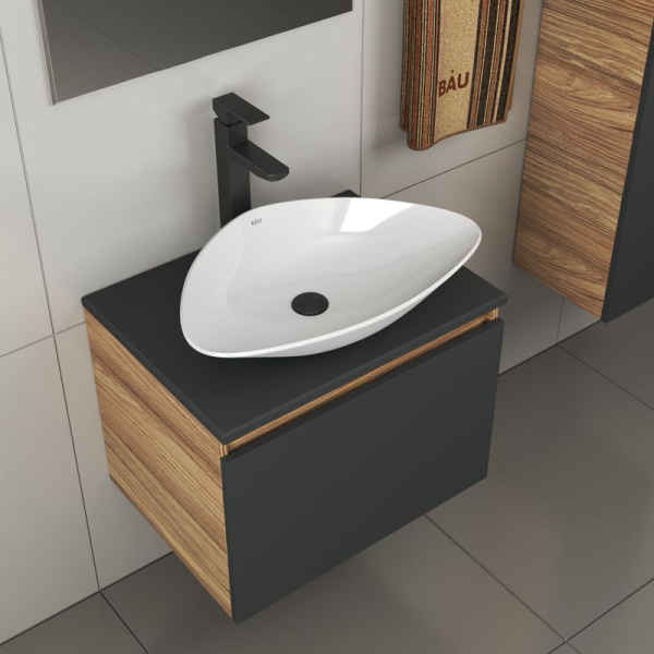 Комплект для ванной, 4 предмета (тумба Bau 60, графит + раковина BAU Triangle 59х39 + смеситель Hotel Black, выпуск клик-клак, черный)