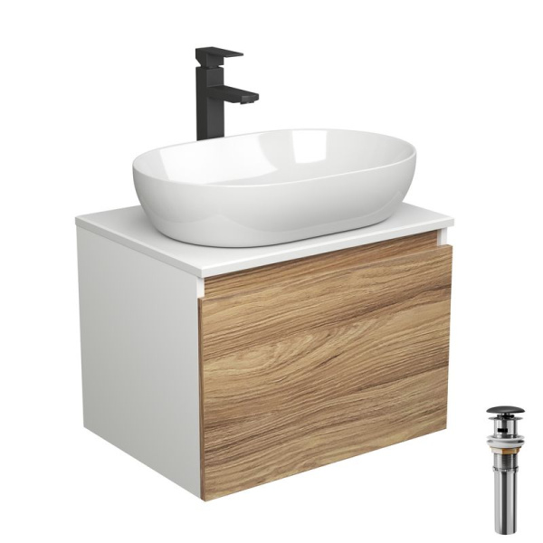 Комплект для ванной, 4 предмета (Тумба подвесная Bau Blackwood 60 + Раковина BAU 59х40 + Смеситель высокий Hotel Black, черный, выпуск черный)