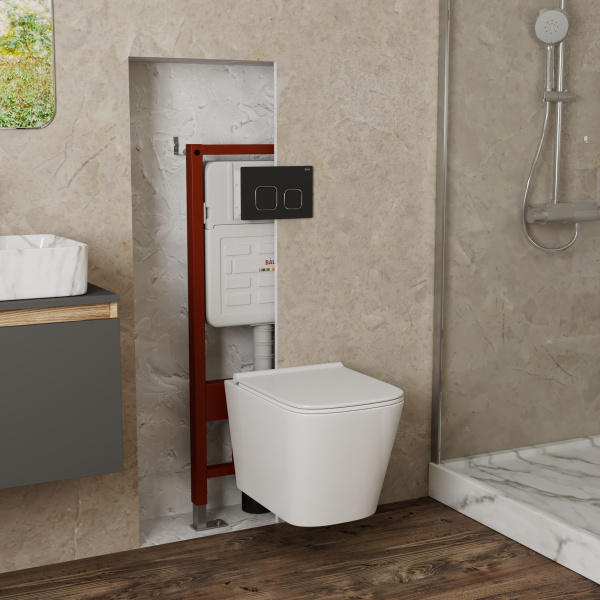 Комплект BAU 6 в 1: усиленная инсталляция BAU IDEAL, унитаз подвесной безободковый Bau Stil PRO, сиденье микролифт, клавиша BAU Strike, черная матовая