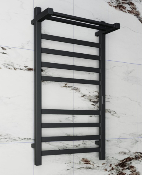 Полотенцесушитель электрический профильный с полкой BAU Hotel Shelf 50х100, 8 планок, универсальный, черный матовый RAL 9005