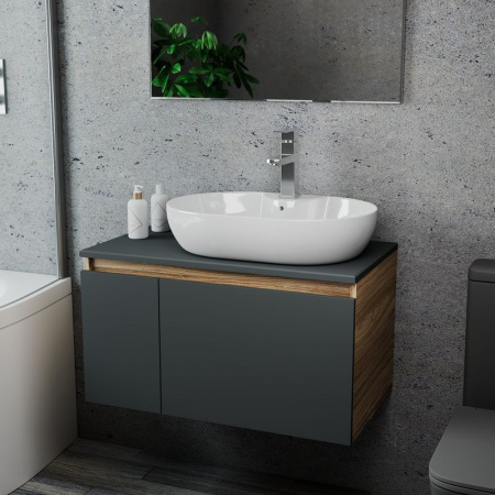 Комплект для ванной, 3 предмета (Тумба подвесная Bau Blackwood 80 графит + Раковина BAU 60х42, с отв. под см-ль, Смеситель Hotel Still, нерж. сталь)