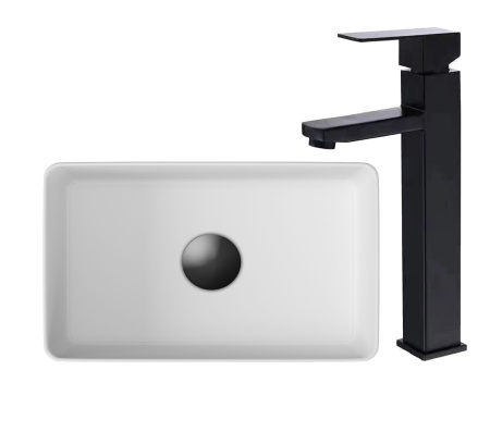 Раковина со смесителем (умывальник накладной на столешницу BAU Mini прямоугольный, 38х24 белая, смеситель для раковины высокий Potato Black, черный)