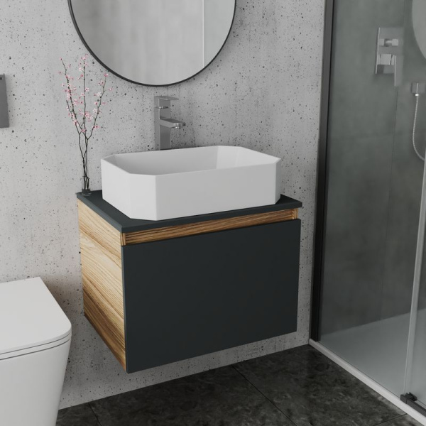 Комплект для ванной, 3 предмета (Тумба подвесная Bau Blackwood 60 графит + Раковина BAU Hotel 51х37, Смеситель высокий Hotel Still, нерж. сталь)