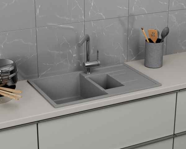 Мойка для кухни оборачиваемая, полуторная чаша с крылом BAU Stil Gray stone 77х50, выпуск с сифоном в комплекте, серый камень