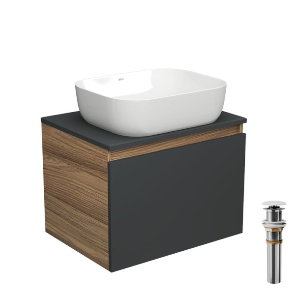 Тумба с раковиной и выпуском (тумба Bau Dream 60, графит + раковина накладная прямоугольная BAU Stil 50х40, выпуск клик-клак, белый)