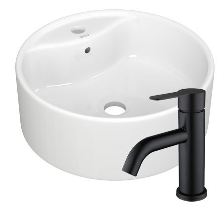Раковина для ванной накладная круглая BAU Element D40, белая + смеситель Dream Black, черный