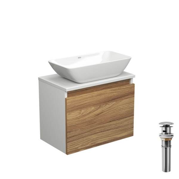 Тумба с раковиной и выпуском (тумба подвесная Bau Dream 50 + раковина чаша BAU Spectrum mini 47х24, белая, выпуск клик-клак, хром)