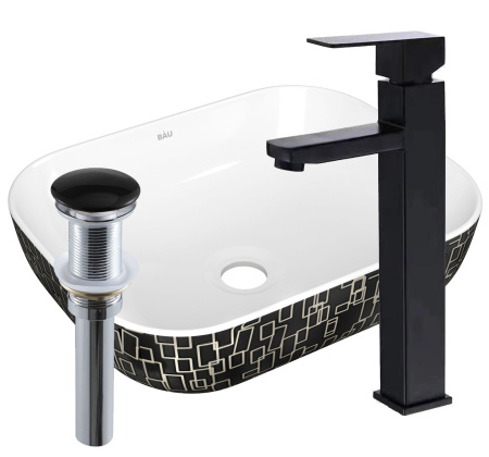 Раковина накладная прямоугольная BAU Stil 50х40 + смеситель  Hotel Black, черный и выпуск клик-клак черный