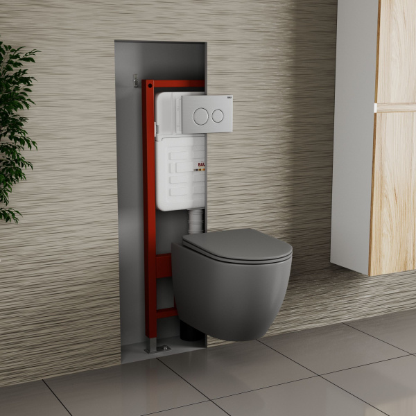 Комплект BAU 6 в 1: усиленная инсталляция BAU IDEAL, унитаз подвесной безободковый Bau Dream темно-серый матовый, сиденье микролифт, клавиша BAU Wheel антивандальная, нерж. сталь брашированная