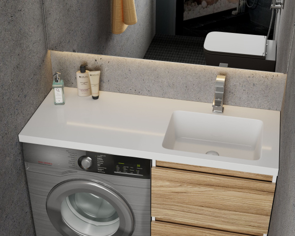 Раковина над стиральной машиной BAU Bloom 120х50, литьевой мрамор в комплекте с кронштейнами и сифоном белый глянец, правая