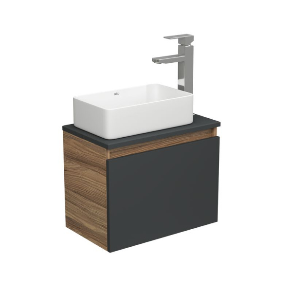 Комплект для ванной, 3 предмета (тумба Bau Dream 50, графит + раковина санфаянс накладная BAU Hotel mini 38х24, смеситель высокий Hotel Still)