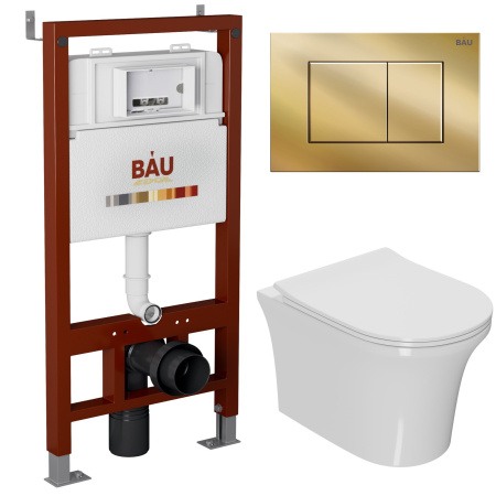 Комплект BAU 6 в 1: инсталляция BAU PRO, унитаз подвесной безободковый Bau Spectrum PRO, сиденье быстросъемное микролифт, клавиша BAU Stil, золото