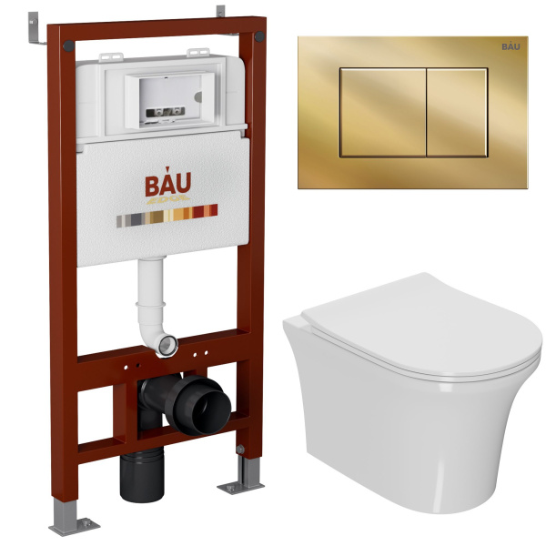 Комплект BAU 6 в 1: инсталляция BAU PRO, унитаз подвесной безободковый Bau Spectrum PRO, сиденье быстросъемное микролифт, клавиша BAU Stil, золото
