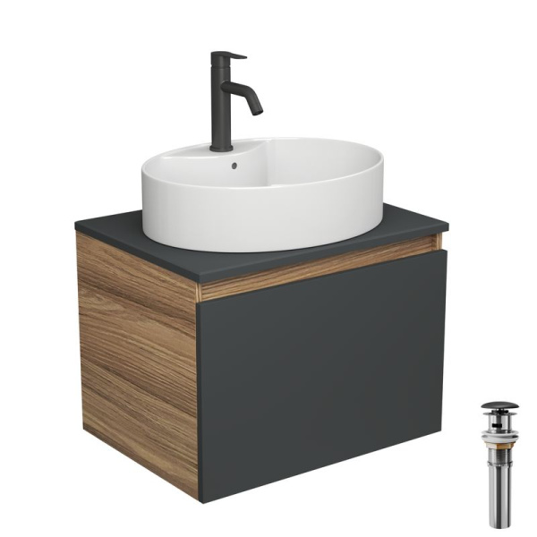 Комплект для ванной, 4 предмета (Тумба подвесная Blackwood 60 графит + Раковина BAU 51х41, с отв. под см-ль + Смеситель Dream Black, выпуск черный)