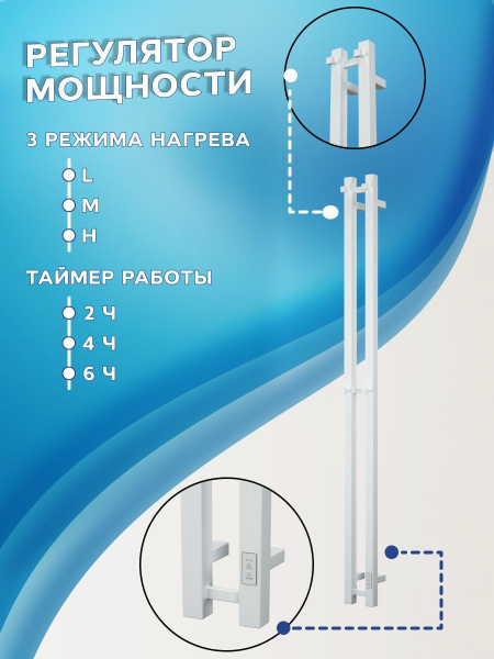 Полотенцесушитель дизайнерский электрический, профильный BAU Stella Square 8х160, 2 коллектора, 4 крючка (Белый DB-0078)