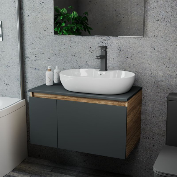 Комплект для ванной, 3 предмета (Тумба подвесная Bau Blackwood 80 графит + Раковина BAU 60х42, с отв. под см-ль, Смеситель Hotel Black, черный)