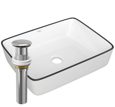 Раковина накладная прямоугольная BAU Hotel 48х37, белая, черный кант + выпуск клик-клак, хром