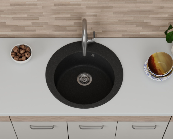 Мойка для кухни BAU Dream Black stone D 50, выпуск с сифоном в комплекте, черный камень