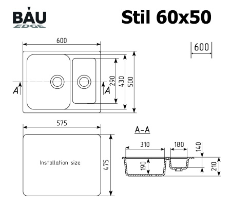 Мойка для кухни оборачиваемая с крылом BAU Stil Black stone 60х50, выпуск с сифоном в комплекте, черный камень