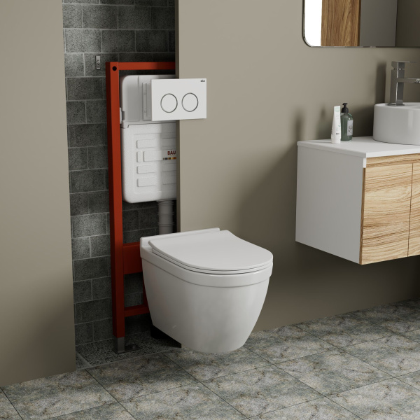 Комплект BAU 6 в 1: усиленная инсталляция BAU IDEAL, унитаз подвесной безободковый Bau Mif PRO, сиденье микролифт, клавиша BAU Round, белый/хром