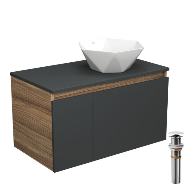 Тумба с раковиной и выпуском (тумба Bau Dream 80, графит + раковина накладная на столешницу BAU Crystal 40х40, выпуск клик-клак, белый)