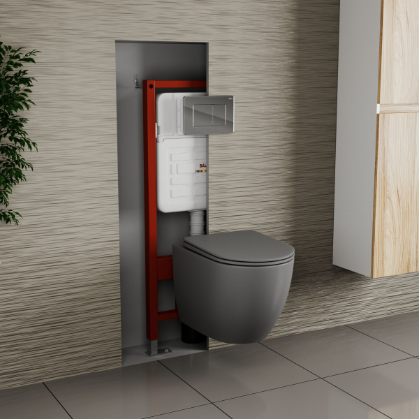 Комплект BAU 6 в 1: усиленная инсталляция BAU IDEAL, унитаз подвесной безободковый Bau Dream темно-серый матовый, сиденье дюропласт микролифт, клавиша BAU Light антивандальная, нерж. сталь хром