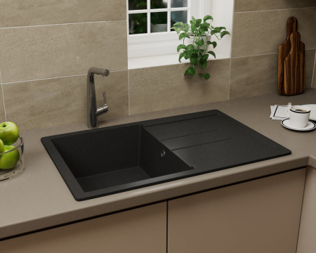 Мойка для кухни оборачиваемая с крылом BAU Stil Black stone 77х50, выпуск с сифоном в комплекте, черный камень