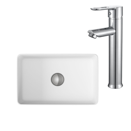 Раковина накладная со смесителем (BAU Mini прямоугольная, 38х24 белая + смеситель для раковины высокий Diadonna Dream, латунь, хром)