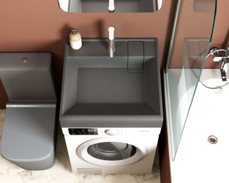 Раковина над стиральной машиной BAU Stil кварцевая в комплекте с выпуском и кронштейнами, серый металлик