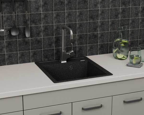 Мойка для кухни врезная кварцевая в комплекте с сифоном BAU Stil Black 46х51, черный