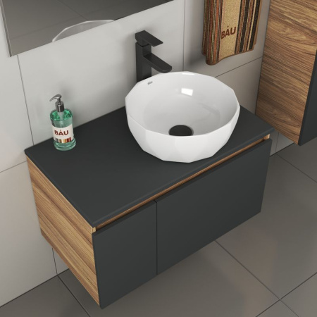 Комплект для ванной, 4 предмета (тумба Bau 80, графит + раковина на столешницу BAU Diamond D40 + смеситель Hotel Black, выпуск клик-клак, черный)