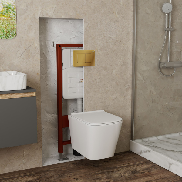 Комплект BAU 6 в 1: усиленная инсталляция BAU IDEAL, унитаз подвесной безободковый Bau Stil PRO, сиденье микролифт, клавиша BAU Light антивандальная, нерж. сталь золото