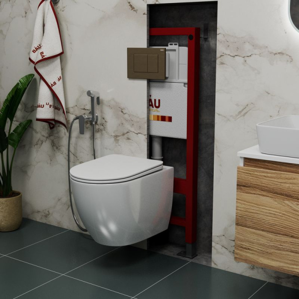 Комплект BAU 6 в 1: инсталляция BAU PRO, унитаз подвесной безободковый Bau Dream 49,5х36, сиденье дюропласт микролифт, клавиша BAU Stil, бронза